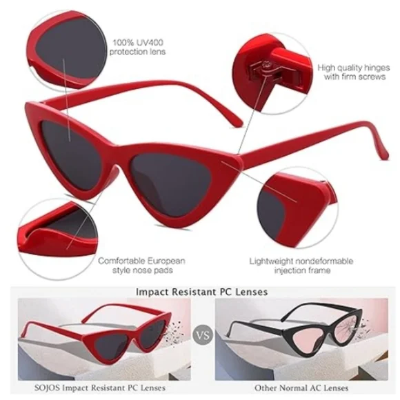 Vintage Narrow Cat Eye Sunglasses Clout Goggles SJ2044 Red - Picture 3 of 5